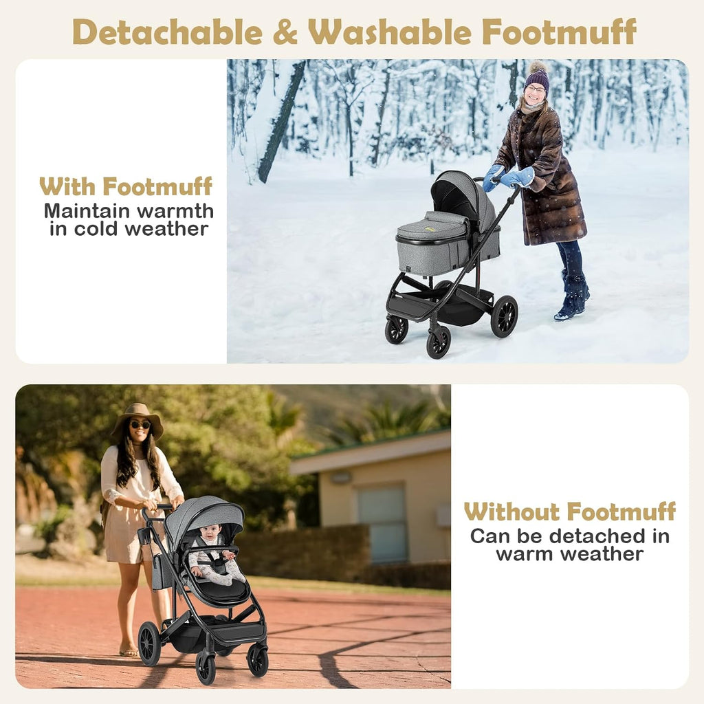 BABY JOY 2 in 1 Convertible Baby Stroller, High Landscape with Bassinet Mode, Reversible Seat, Adjustable Canopy, Cup Holder, Diaper Bag, Foldable Infant Newborn Pram Stroller for 0-36 Months (Gray)