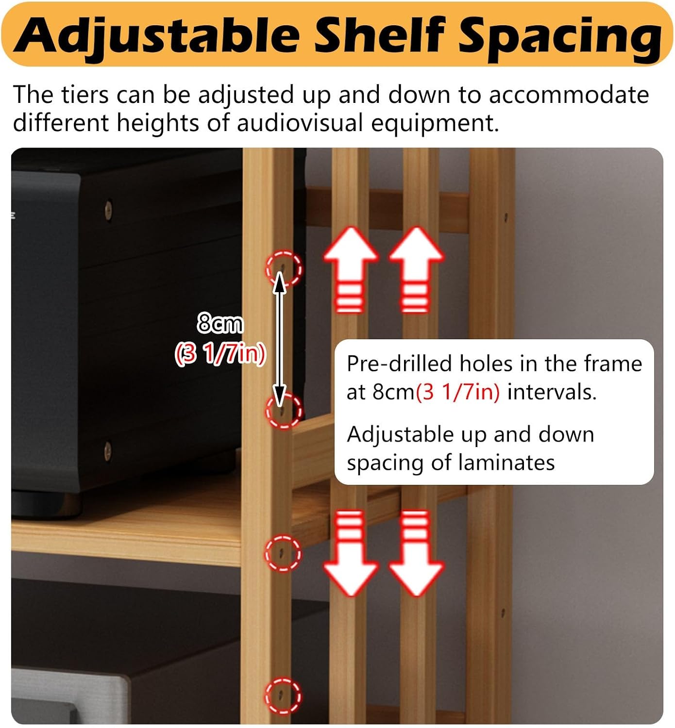 19 Inch Audio Rack Wood, 2 Tier Rolling Stereo Stand Cabinet with Height Adjustable Shelf, Heavy Duty AV Media Holder for Storage DVD Players/Game Console/TV Box(Natural,W 50 cm(19 5/7 in))