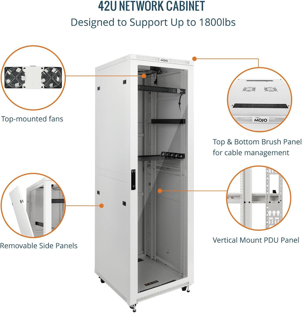 Tecmojo 42U Server Rack Network Cabinet 31.5' D x 23.6' W, Locking Data Cabinet Enclosure for 19' Server, Networking, AV & IT Equipment, Glass Door, White