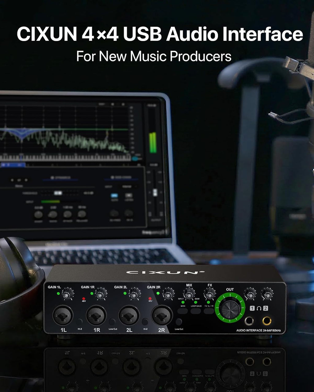 4x4 USB-C Audio Interface for PC & Mac - 24-bit/192kHz Studio Recording, 4 Combo Inputs (XLR/TRS), 4 TRS Outputs, 48V Phantom Power, FX Effects for Podcast/Streaming (Matte Black)