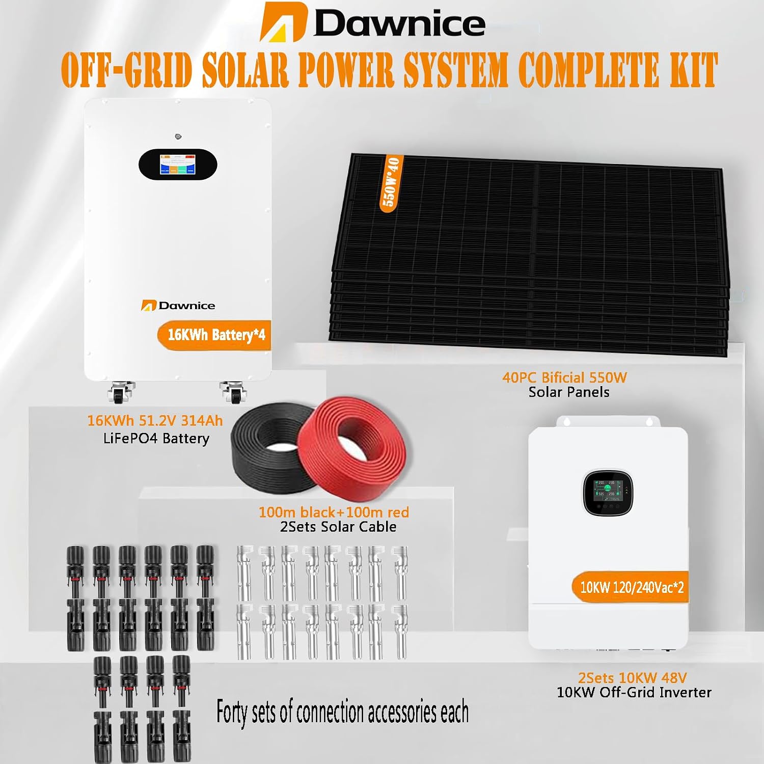 22KW Off-Grid Solar Power System Complete Kit,4Sets 48V 314Ah 16KWh LiFePO4 Battery 40PCS Bificial 550W Solar Panels,2Sets 10KW Inverter with MPPT Controller 120/240Vac
