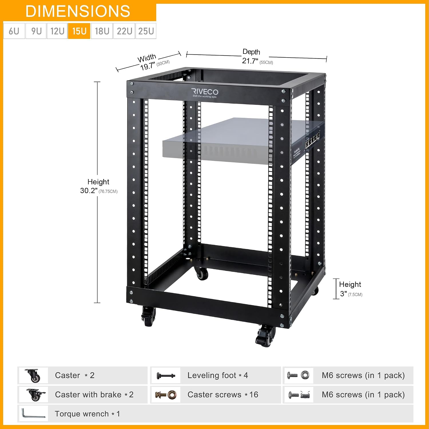 RIVECO 15U Server Rack Floor Standing Open Frame with Wheels- 19-inch 4 Post Quick Assembly AV Rack Network Heavy Duty Durable Black