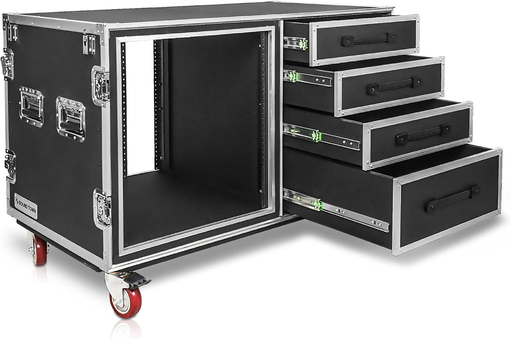 Sound Town Heavy-Duty 1/2' (12mm) Plywood Shock Mount 12U Workstation Rack Case with 4 Drawers and 2 Tables for Customizable Stage and Studio Equipment Storage, Pro Tour Grade (STRC-SP12U4DT2)