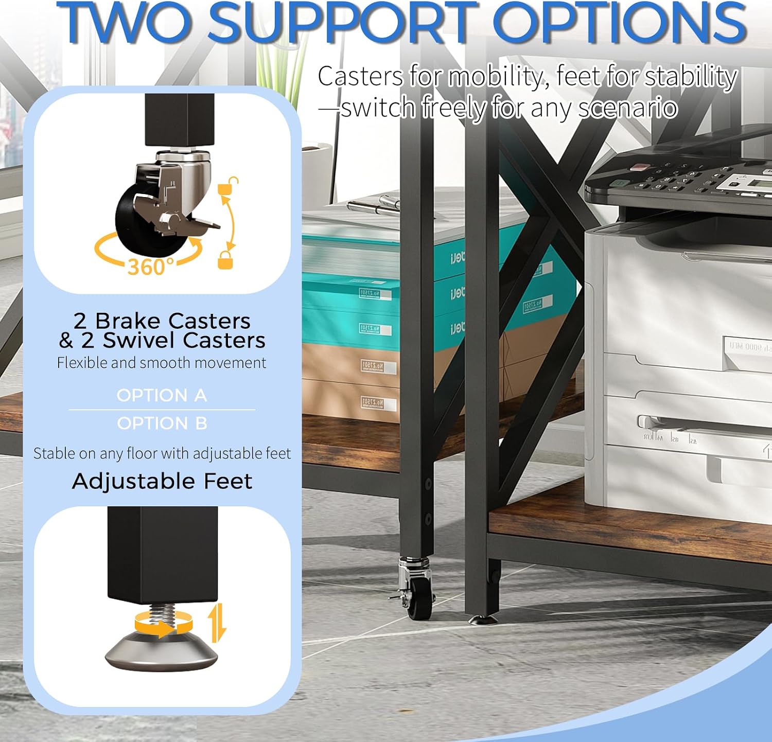 METYERRY Large Printer Stand with Power Outlet, with Storage Shelf, 2 Tier Rolling Printer Cart with Industrial Wheels, 23.6 x 23.6 Inches Printer Table for Home Office,Rustic Brown