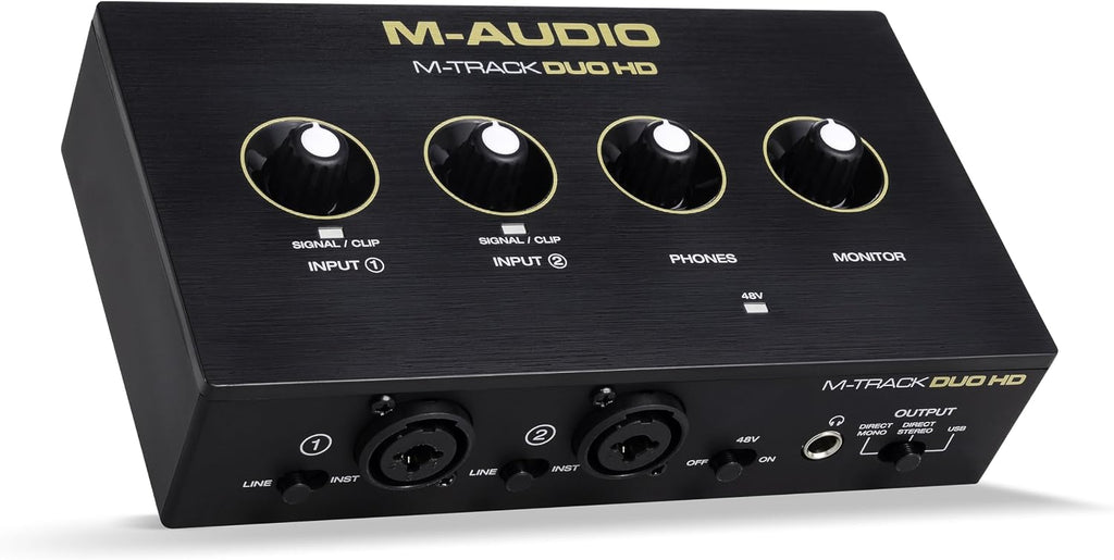 M-AUDIO M-Track Duo HD Audio Interface, M100 Condenser Microphone and HDH41 Studio Monitoring Headphones for Recording, Producers, Content Creators and Podcasters