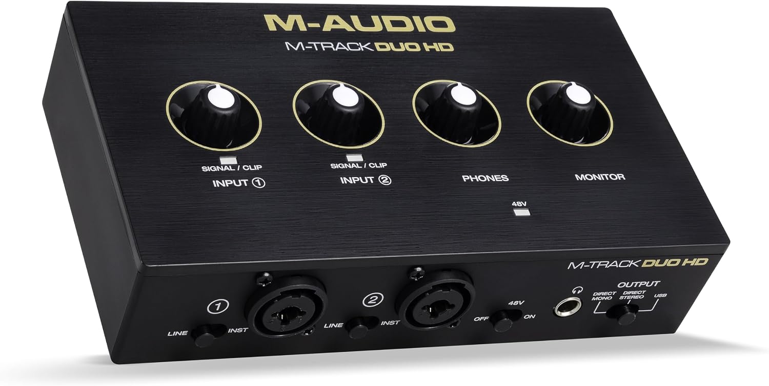 M-AUDIO M-Track Duo HD Audio Interface, M100 Condenser Microphone and HDH41 Studio Monitoring Headphones for Recording, Producers, Content Creators and Podcasters