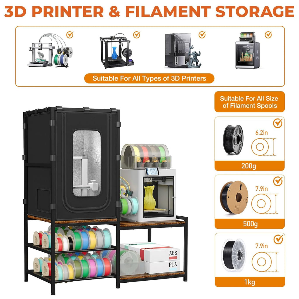 ikkle 3D Printer Cabinet with Dustproof & Noise Reducing Enclosure — Heavy Duty Filament Storage Stand with Protective Cover for Home Office, Studio Workshop