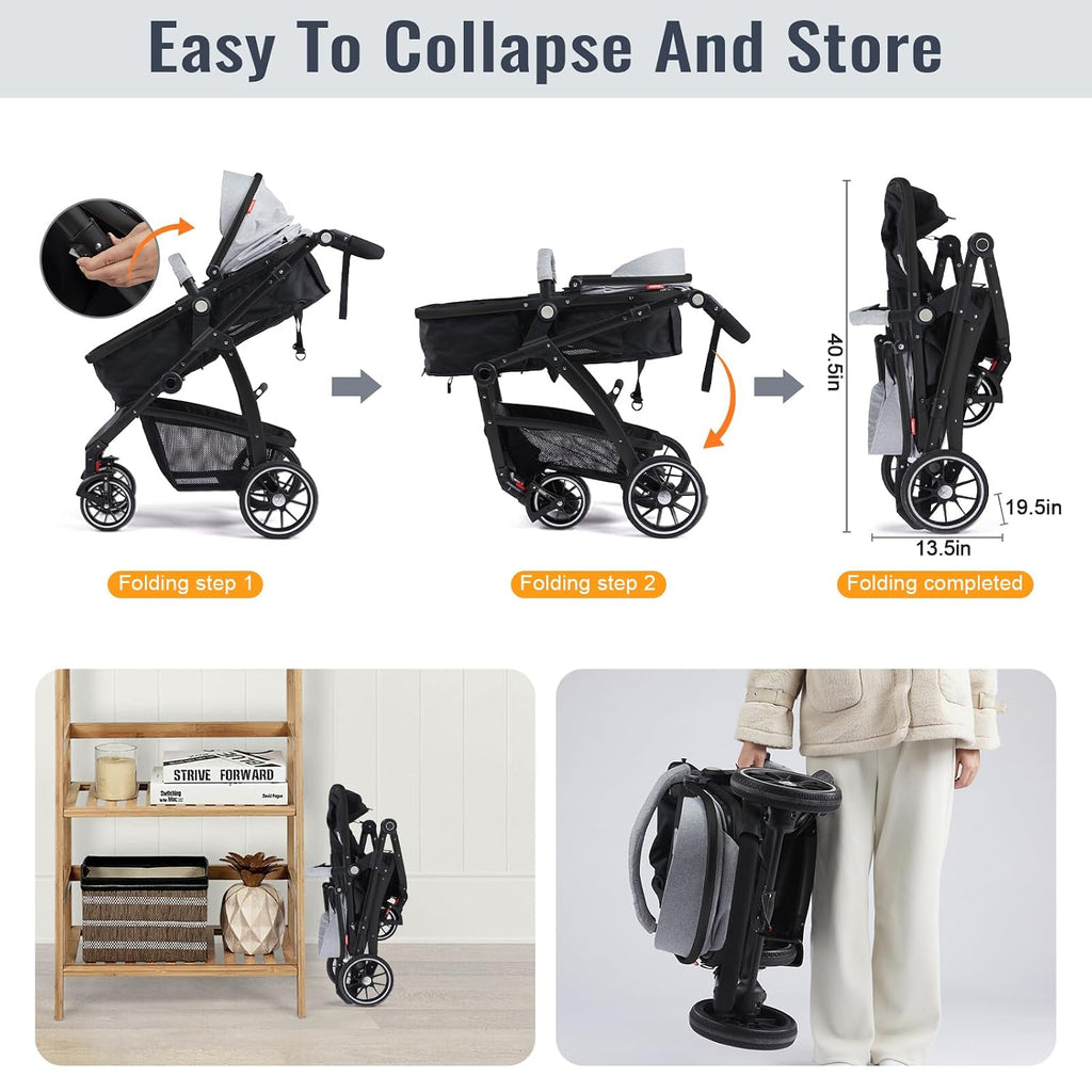 Baby Stroller, 2-in-1 Reversible ToddlerSeat with Lie-Flat Mode, Foldable Infant Stroller with Canopy, One Button Brake, Adjustable Handle, Newborn Pushchair (Gray B)