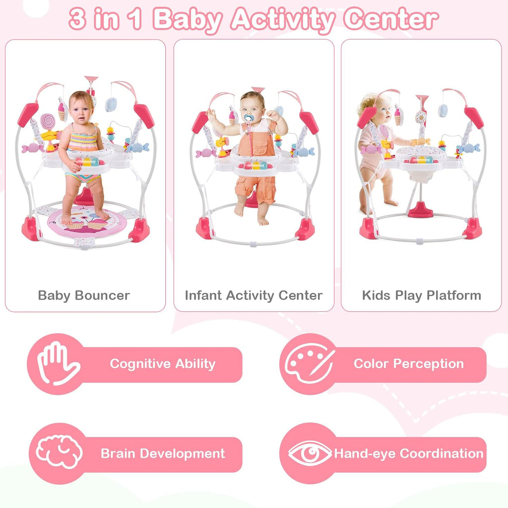 HONEY JOY Baby Bouncer Activity Center, Infant Jumper and Table w/ 360° Rotary Seat, 3 Adjustable Heights, Mat, Music, Lights, Sounds & Developmental Toys, Activity Center for Babies (Pink)