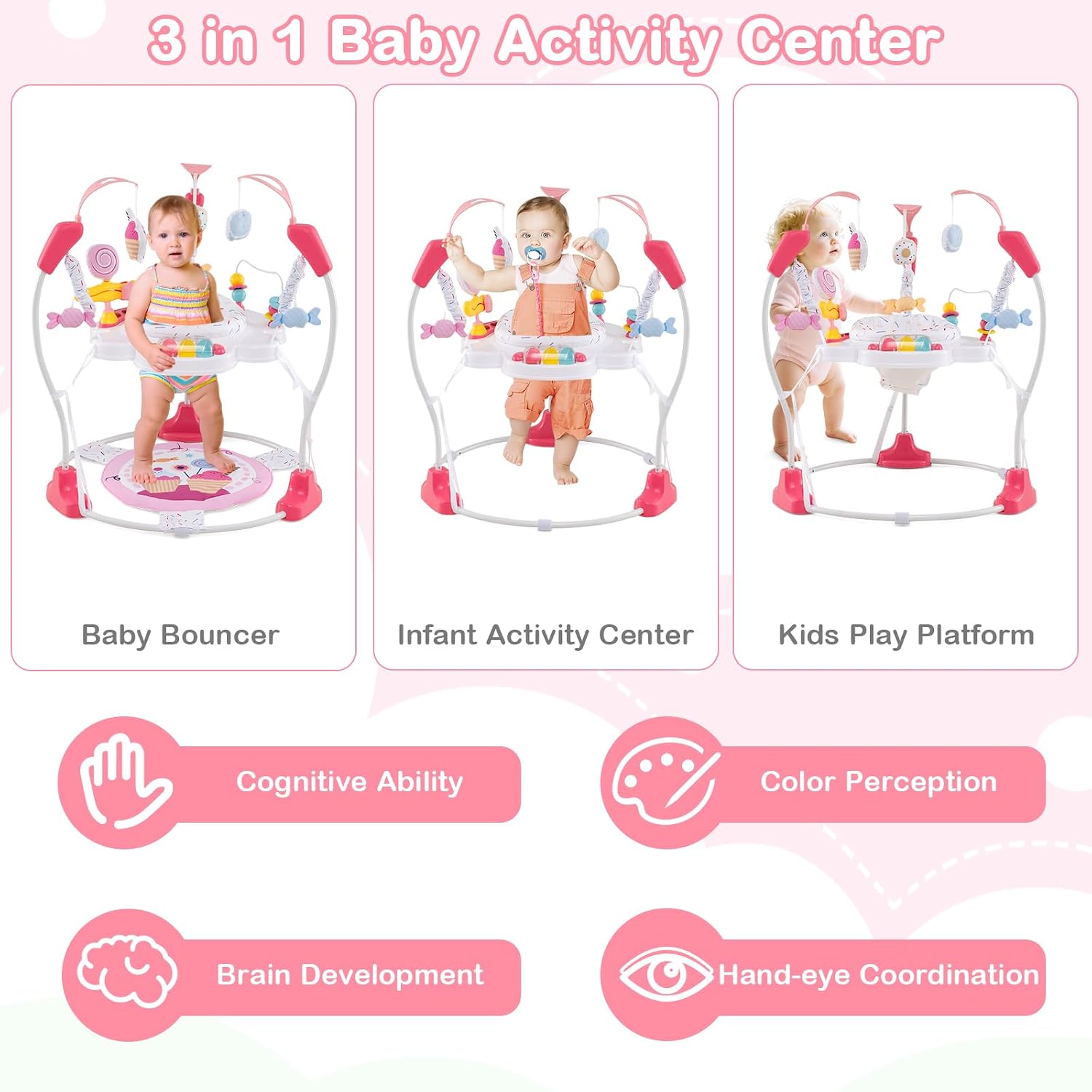 HONEY JOY Baby Bouncer Activity Center, Infant Jumper and Table w/ 360° Rotary Seat, 3 Adjustable Heights, Mat, Music, Lights, Sounds & Developmental Toys, Activity Center for Babies (Pink)