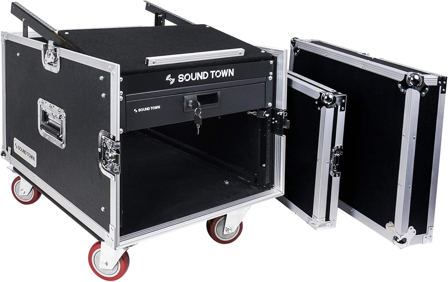 Sound Town High-Quality 1/2' (12mm) Plywood 8U PA DJ Pro Audio Rack/Road ATA Case with 11U Slant Mixer Top, Locking Drawer, 20.2'' Rackable Depth and Casters (STMR-8D2)