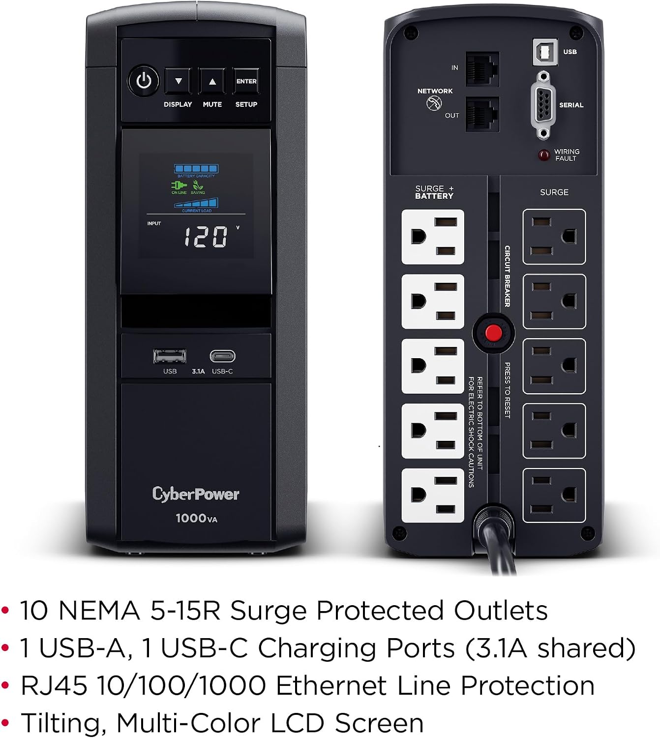CyberPower CP1000PFCLCD PFC Sinewave UPS Battery Backup and Surge Protector, 1000VA/600W, 10 Outlets, AVR, Mini-Tower, UL Certified