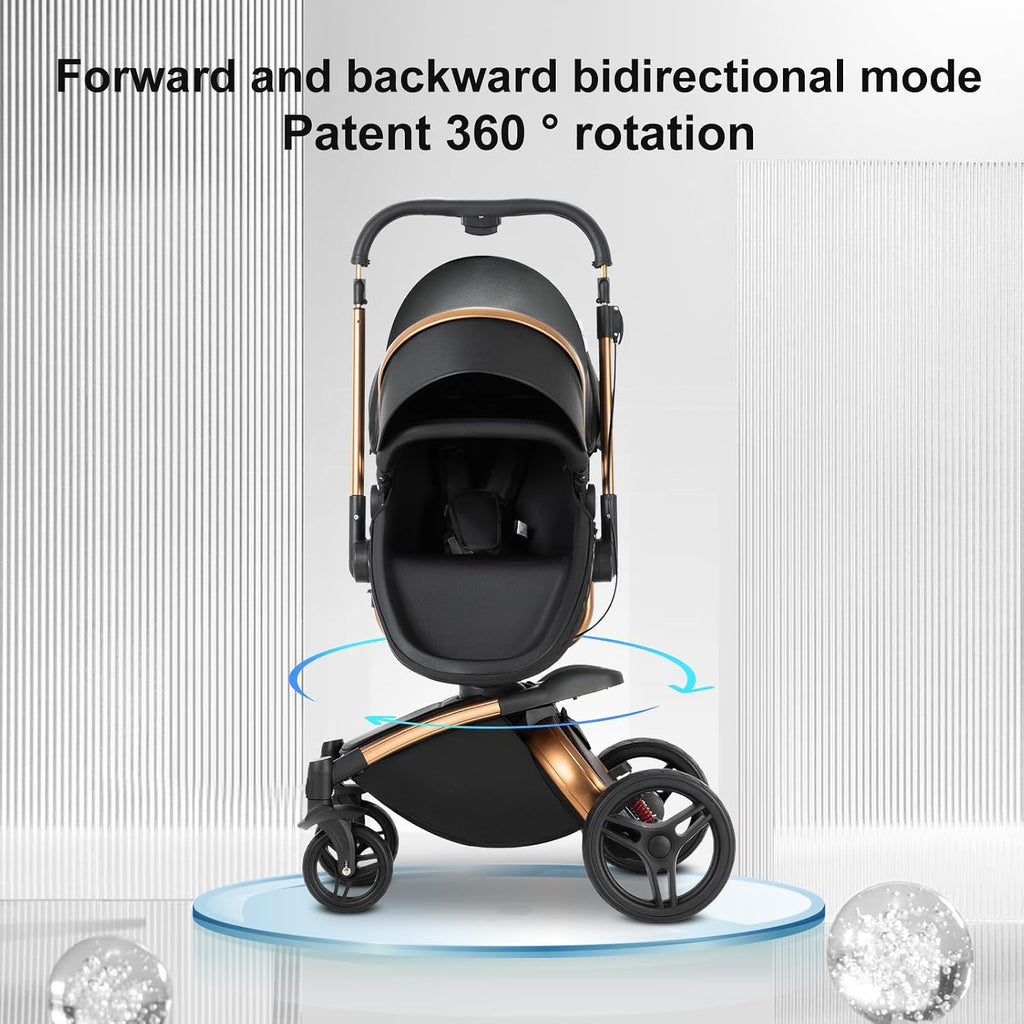 360° Rotatable PU Leather 2 in 1 Convertible Baby Stroller Mode, Infant Stroller One-Click Folding, Toddler Newborn Travel Standard Carriage Pram (HR002-Black)