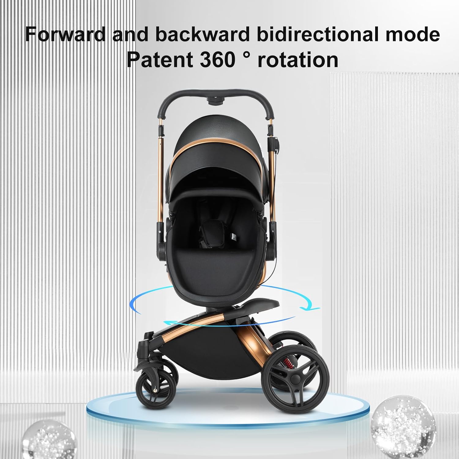 360° Rotatable PU Leather 2 in 1 Convertible Baby Stroller Mode, Infant Stroller One-Click Folding, Toddler Newborn Travel Standard Carriage Pram (HR002-Black)