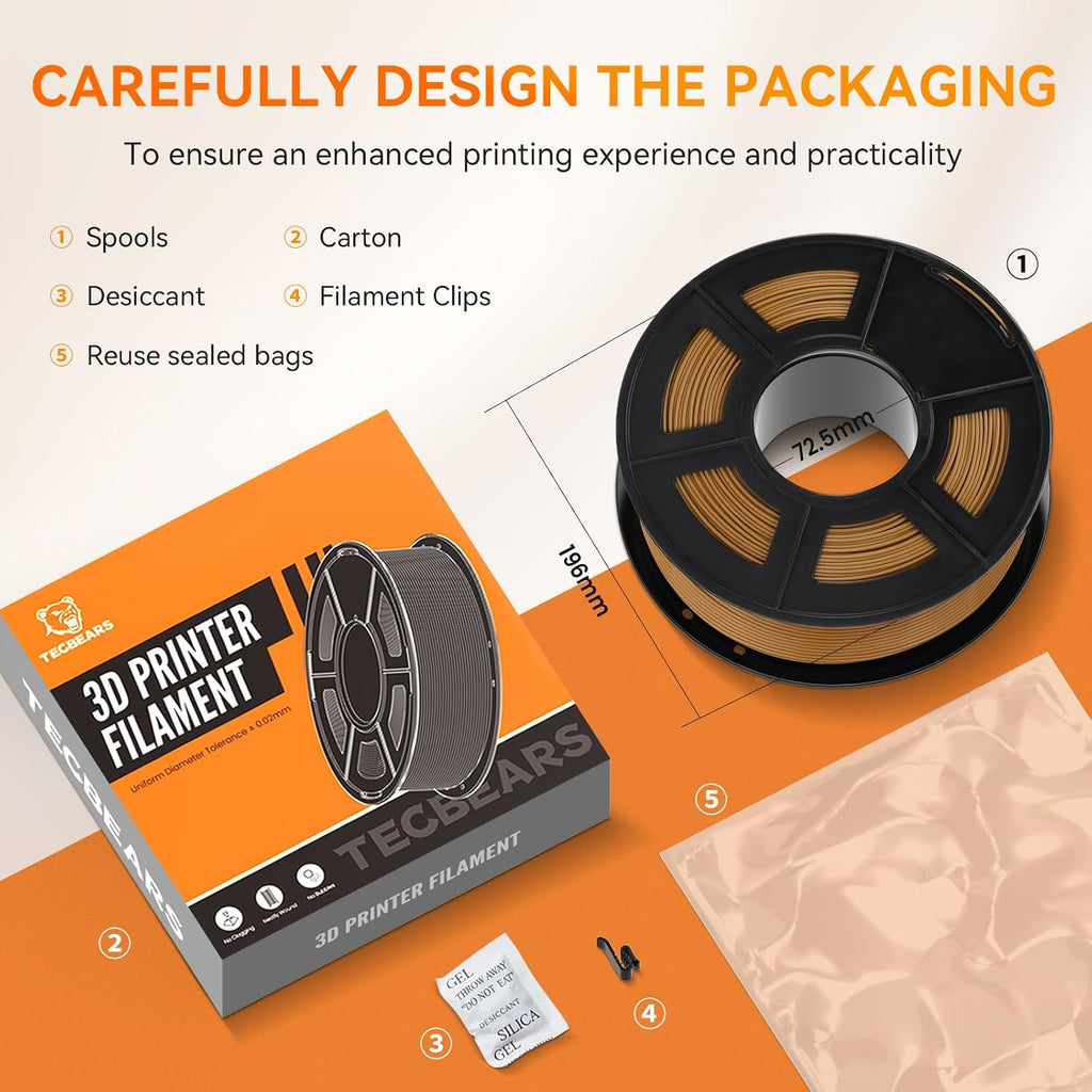 TECBEARS PLA 3D Printer Filament Bundle, 10 KG PLA Filament 1.75mm, Neatly Wound 3D Printing Filament, 1kg per Spool, 10 Pack, Black+White+Grey+Transparent+Red+Blue+Green+Orange+Wood+Gold