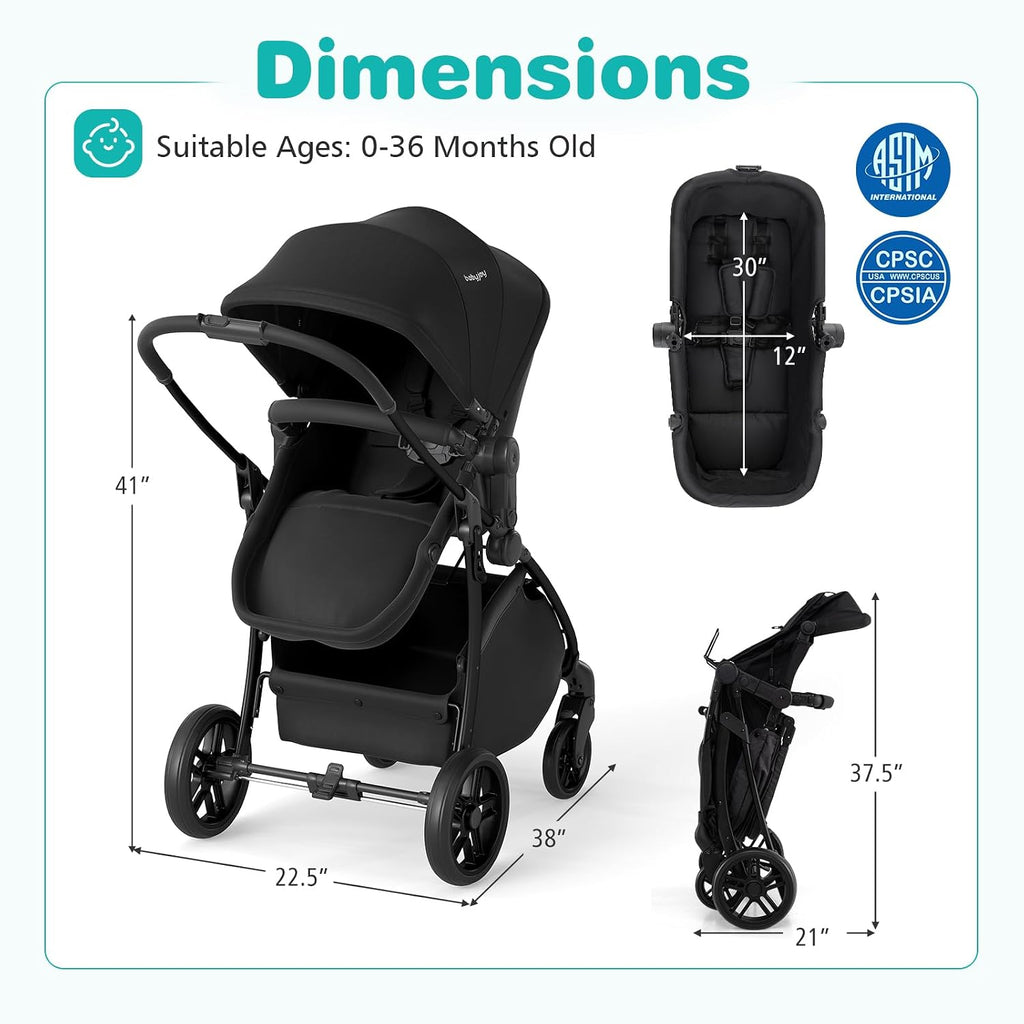BABY JOY 2 in 1 Baby Stroller, High Landscape Convertible Bassinet Stroller with Reversible Seat, Adjustable Backrest & Canopy, Foldable Pushchair Pram Stroller for Newborn Toddler 0-36 Months (Black)