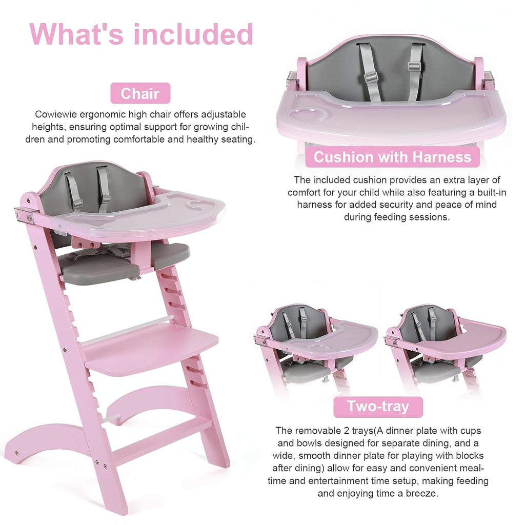 Cowiewie New Upgrade 3-in-1 Convertible Wooden High Chair for Babies & Toddlers 10 Levels Adjustable 3-Tier Remove 2 Waterproof Cozy Cushions Pink