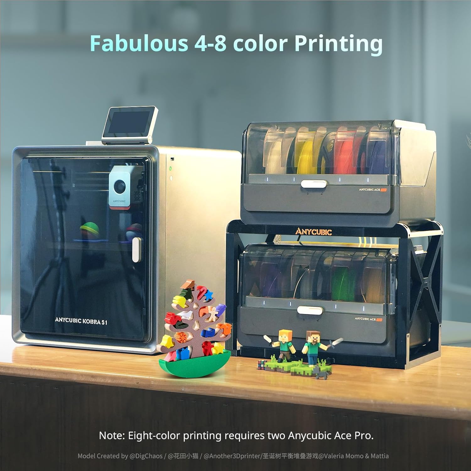 (PLA 4KG Bundle)Anycubic Kobra S1 Combo Multi-Color 3D Printer, Fast 600mm/s Printing Auto Leveling with Auto Calibration 250 x250x250mm Build Size,4KG Black + White + Spring Leaf + Tropical Turquoise
