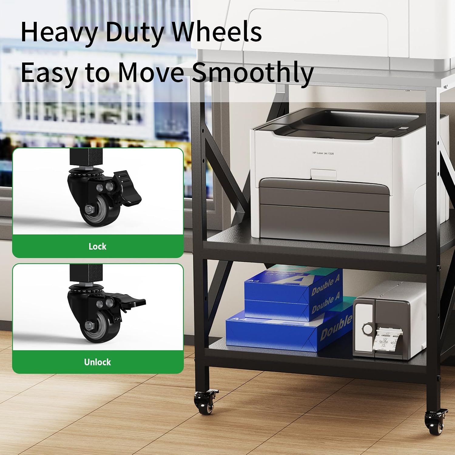 3 Tier Printer Stand, Large Table with Wheels, Rolling Cart with Height Adjustable Middle Storage Shelf, 23.6 x 23.6 x 30.3 Inches Shelf for Home Office, Black
