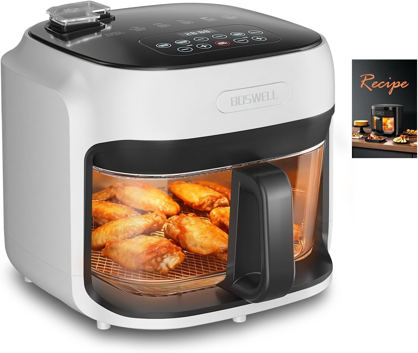BOSWELL Glass Air Fryer, 7.5QT Borosilicate Bowl with Circulating Heat, Digital Touchscreen, 400°F Max Temp, Oil-Free Fryer with Mist Function, Dishwasher Safe (White)