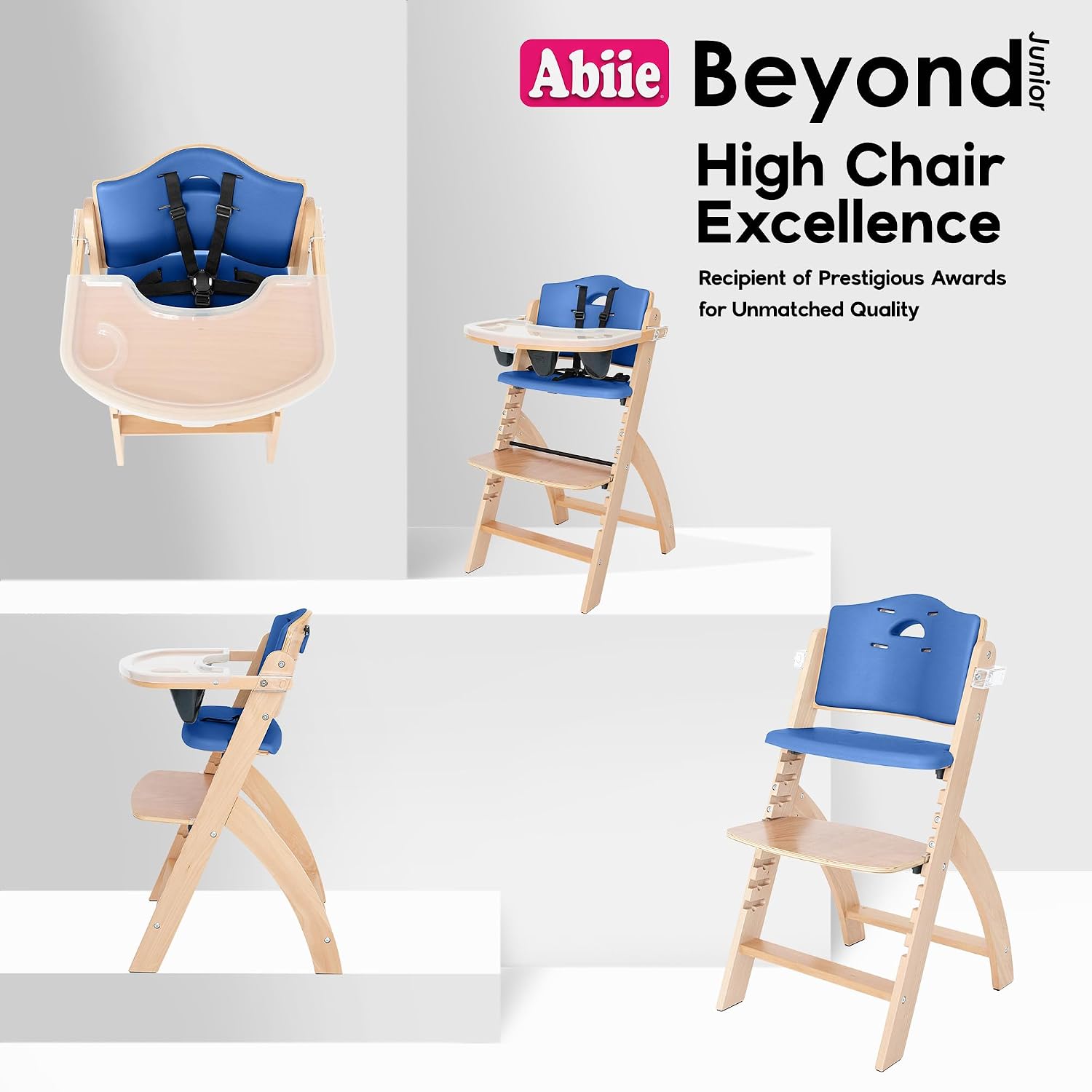 Abiie Beyond Junior Wooden High Chair for Babies and Toddlers - Convertible 3-in-1 Baby Highchair with Removable Tray - 6 Months to 250 Lb - Water Resistant - Natural Wood/Blueberry Cushion