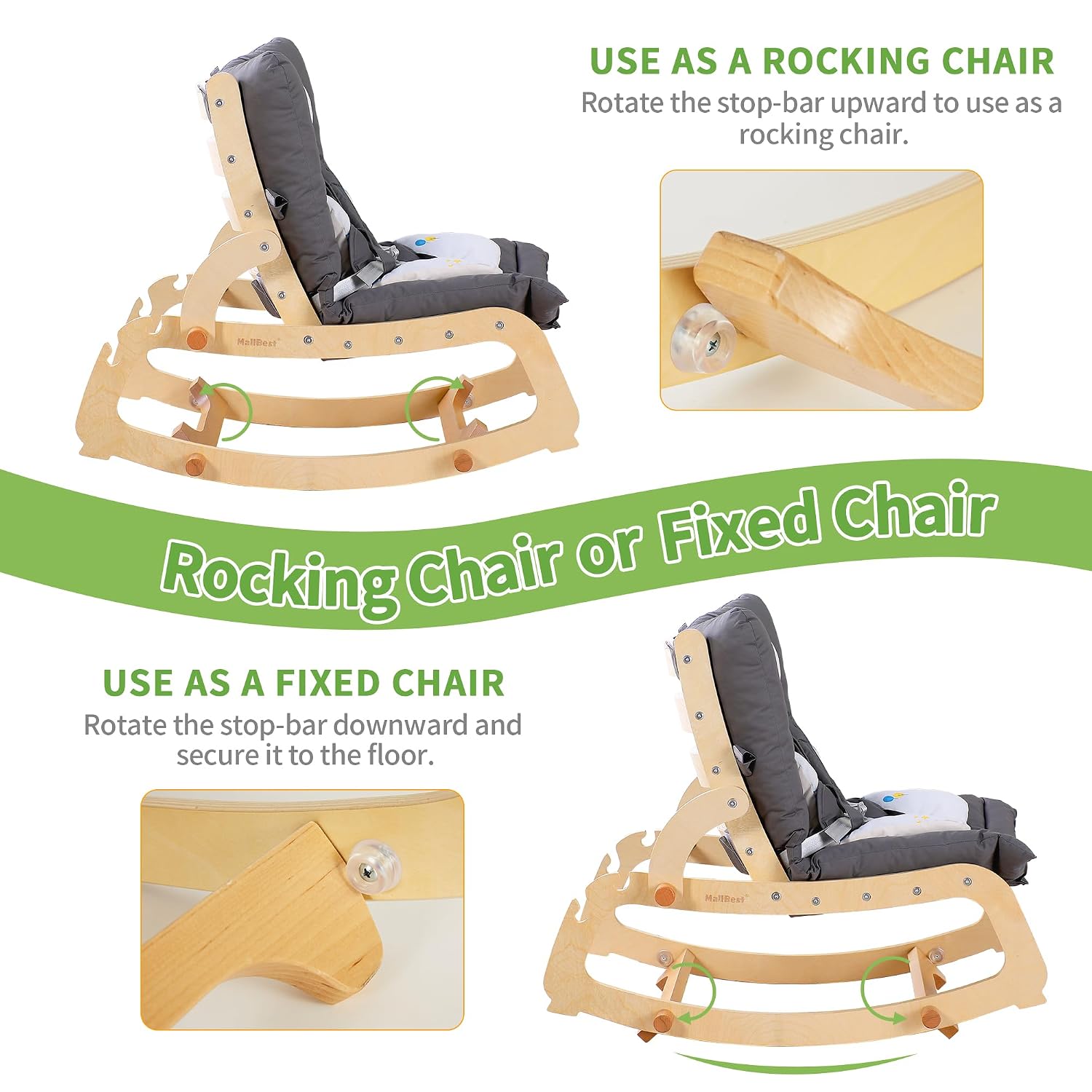 MallBest 3-in-1 Baby Rocker Chair with Double Cushions, for 0-12 Months, Adjustable Wooden Infant Rocker with Removable Cushion and 5-Point Harness for Infant to Toddler（Grey）