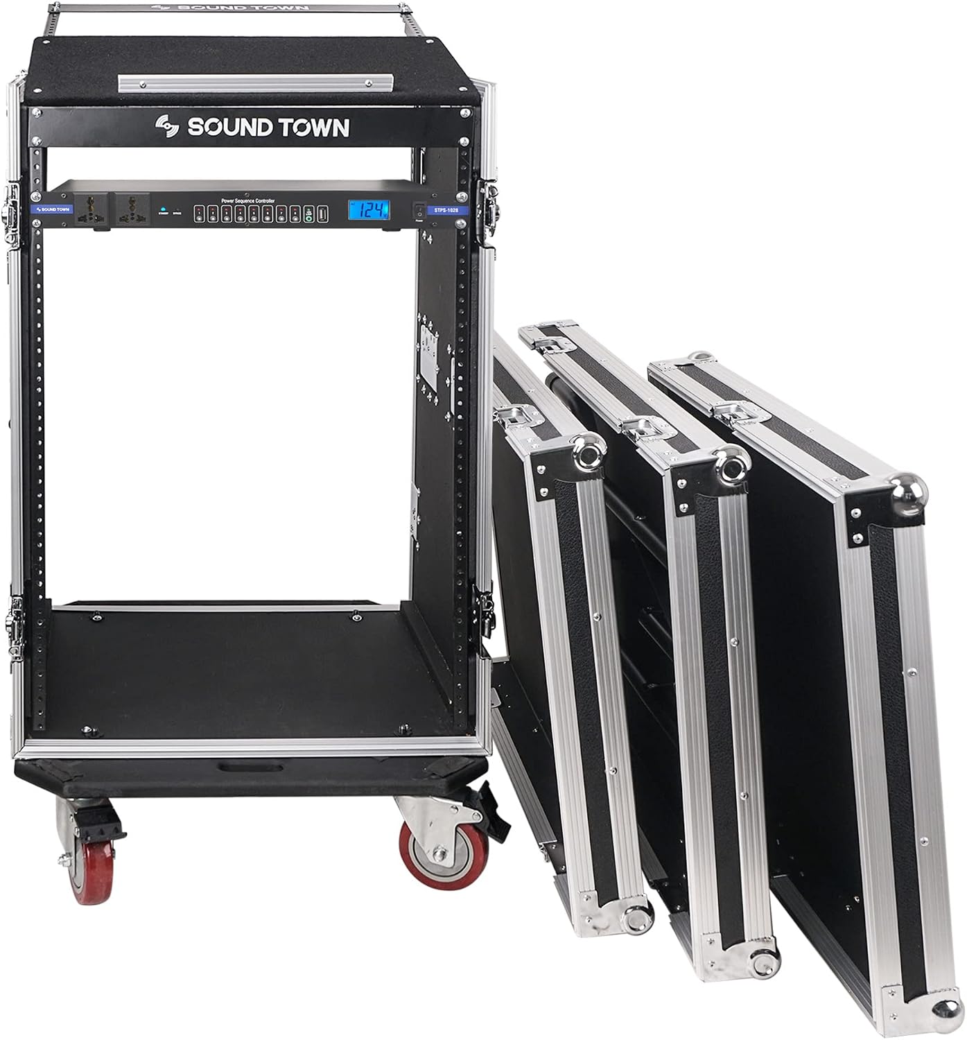 Sound Town PA DJ Combo with Heavy-Duty 1/2' (12mm) Plywood 16U Rack/Road ATA Case w/Slant Mixer Top, DJ Work Table, One 10 Outlet AC Power Conditioner/Sequencer (STMR-16TPS10)