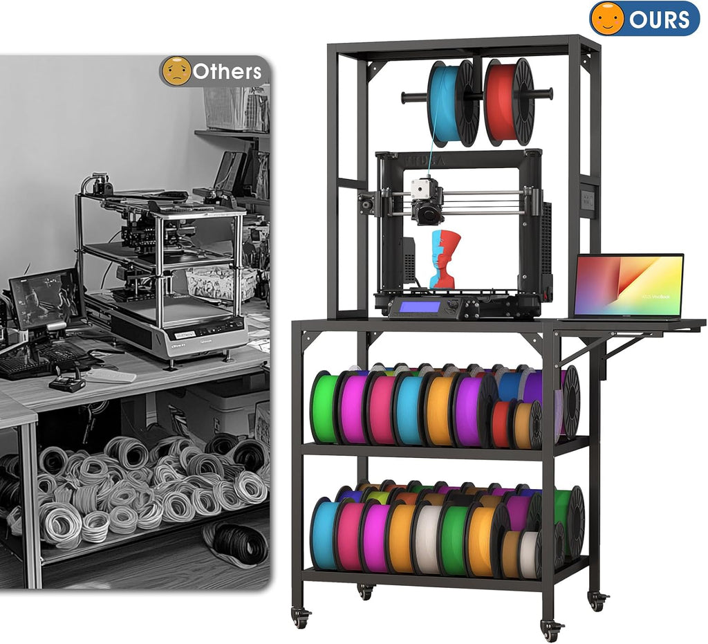 Heavy-Duty 3D Printer Stand with Filament Storage, T-Shape Spool Holder (on Wheels), for 3D Printing Studio & Home Office Workshop - Black Metal