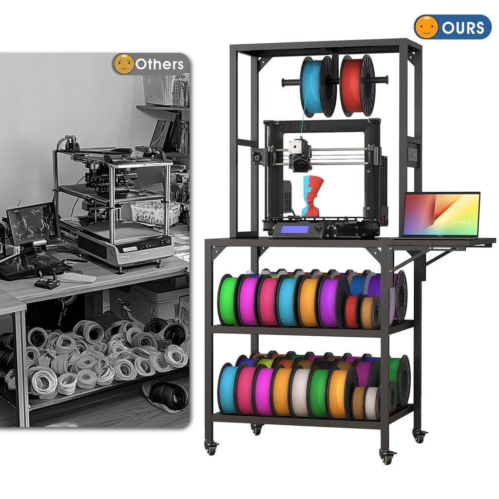 Runboll 3D Printer Stand, Heavy Duty 3D Printer Table Stand with Filament Storage Rack, T-Shaped Spools Holder Rack with Wheels,3D Printer Workbench for 3D Printing Studio, Home Office Workshop