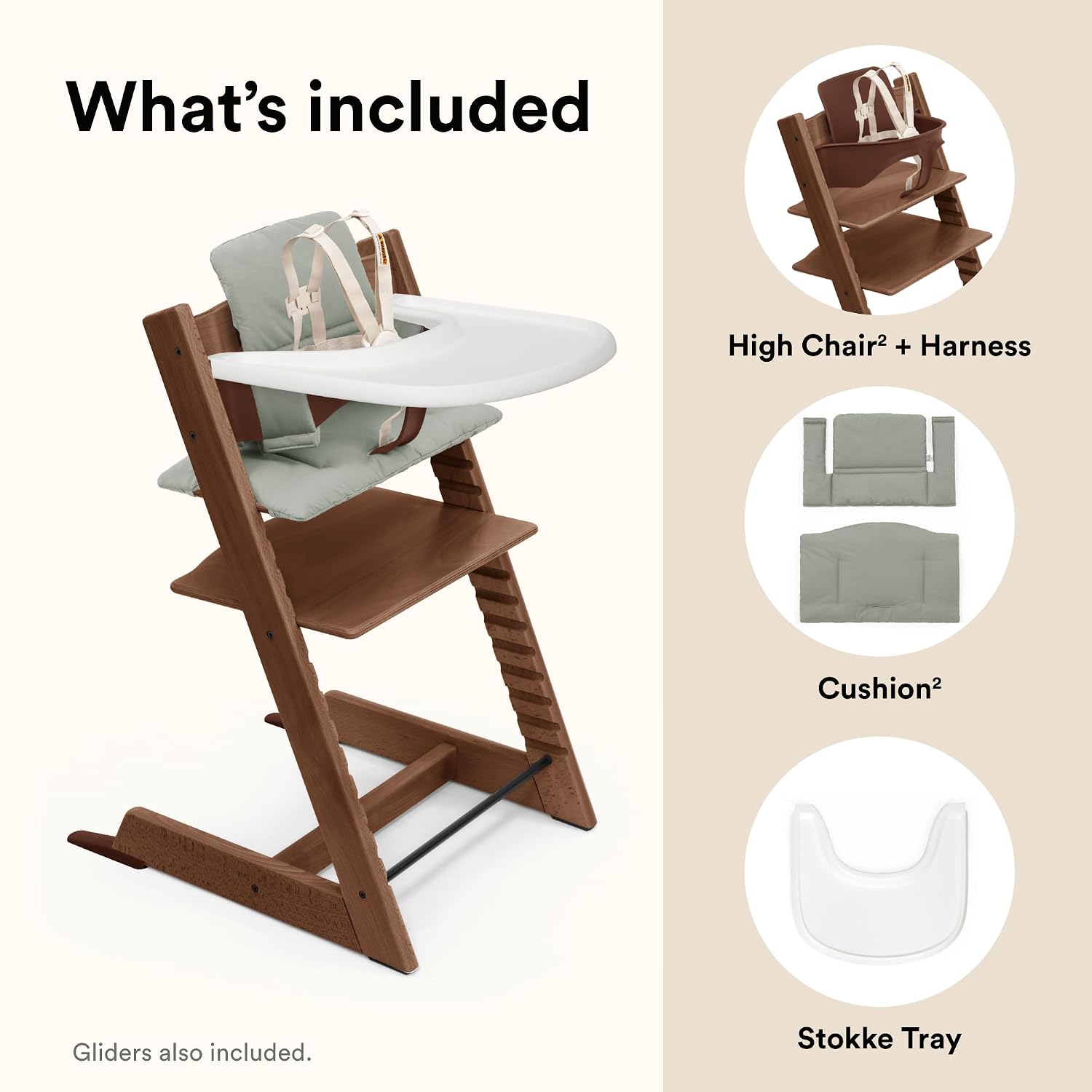 Stokke Tripp Trapp High Chair 2 (Warm Brown), Cushion 2 (Glacier Green) + Stokke Tray (White) - Includes Chair + Baby Set with Removable Harness for Children 6-36 Months