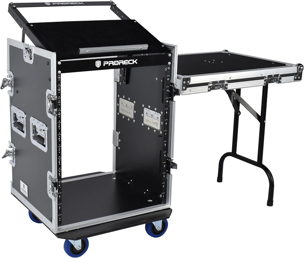 PRORECK 14U Rack/Road Case With Slant Mixer Top, One Side Table And Casters, 20'' Rackable Depth, Plywood, 14U Installation Size, Pro Stage Performance.