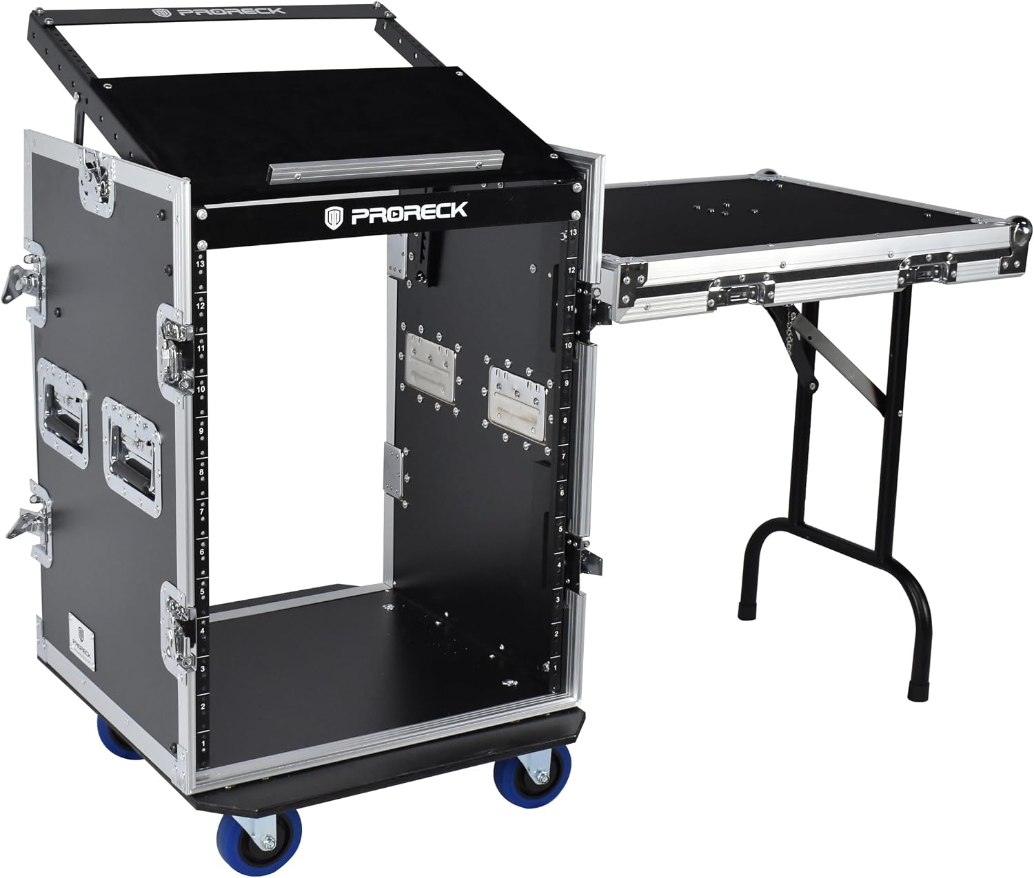 PRORECK 14U Rack/Road Case With Slant Mixer Top, One Side Table And Casters, 20'' Rackable Depth, Plywood, 14U Installation Size, Pro Stage Performance.