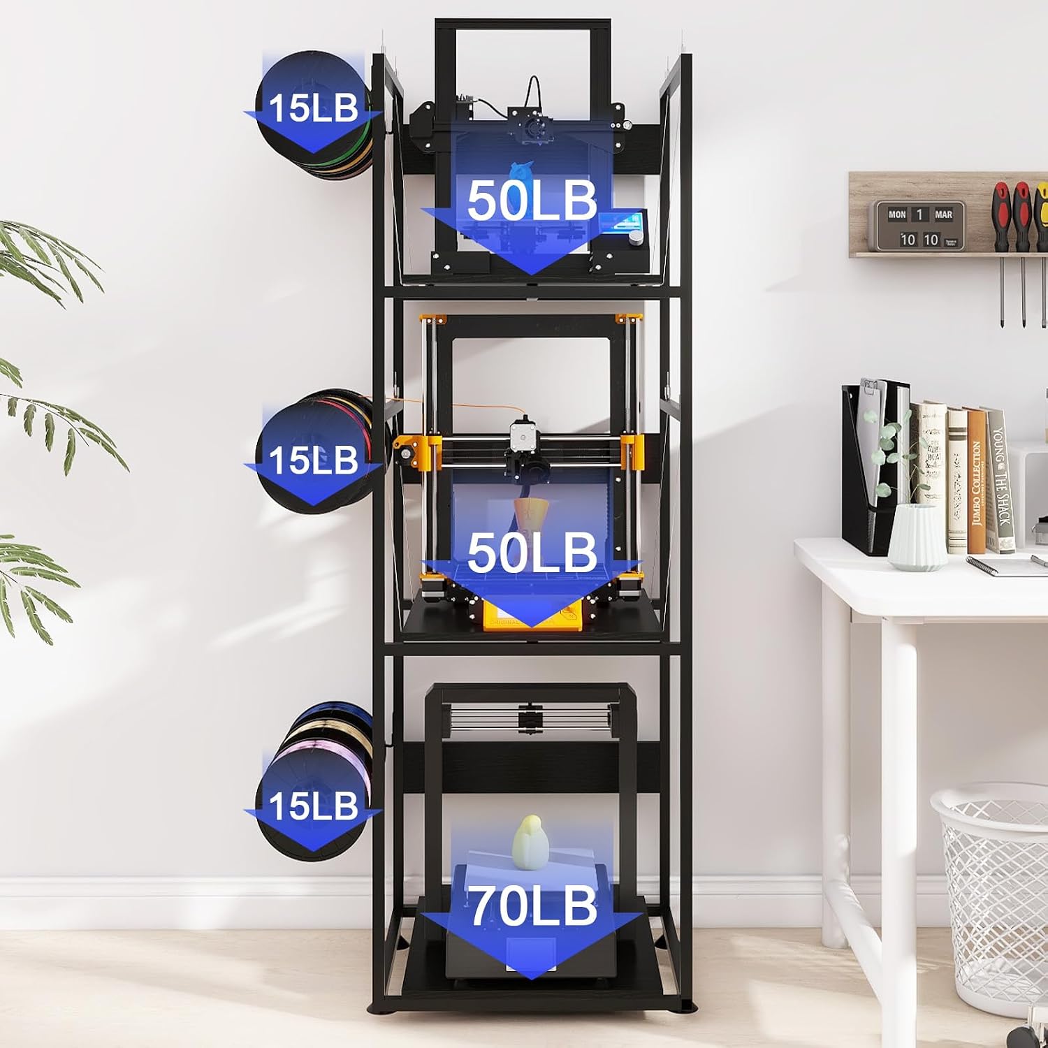 PUNCIA 3-Tier 3D Printer Stand with Filament Storage, Heavy Duty Workbench Rack – Compatible with FDM/SLA, Studio, Workshop, Office Use, Space-Saving Organizer for Multiple Filament Types