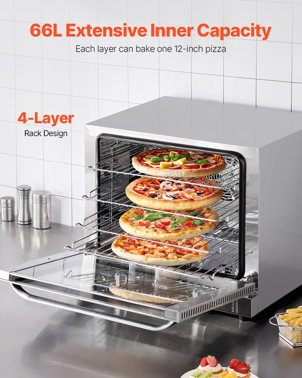 VEVOR Commercial Countertop Oven, 66L 4-Tier Toaster Ovens with Tempered Glass Door, Wire Racks & Tray, 2800W Stainless Steel Baking Ovens for Restaurant Bakery (AC208~240V,60Hz, 6-20P Plug & Outlet)