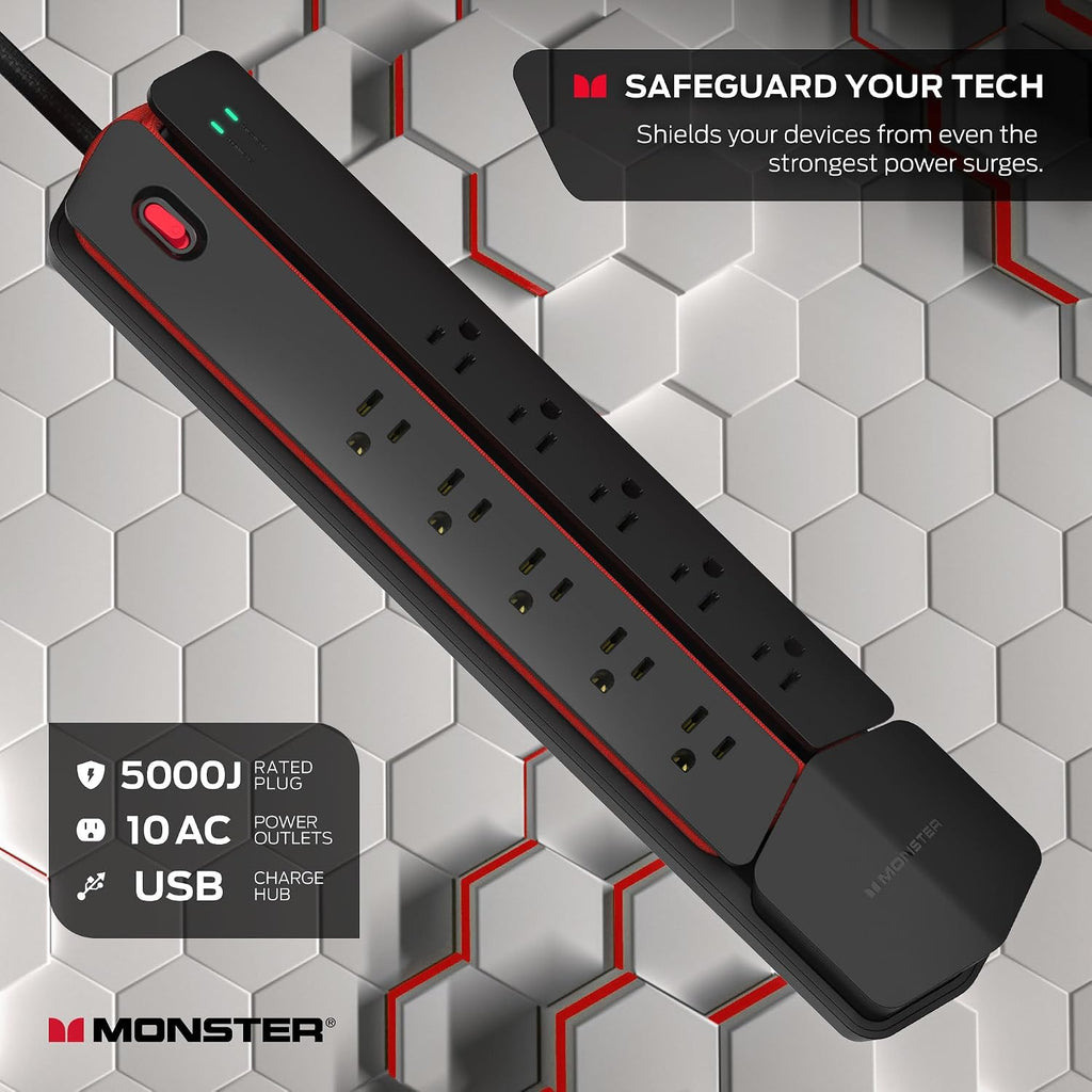 Monster Power Center Vertex XL Surge Protector With Detachable Power Strip, 10 AC Outlets, 2 USB-A Ports & 1 USB-C Port (20W)