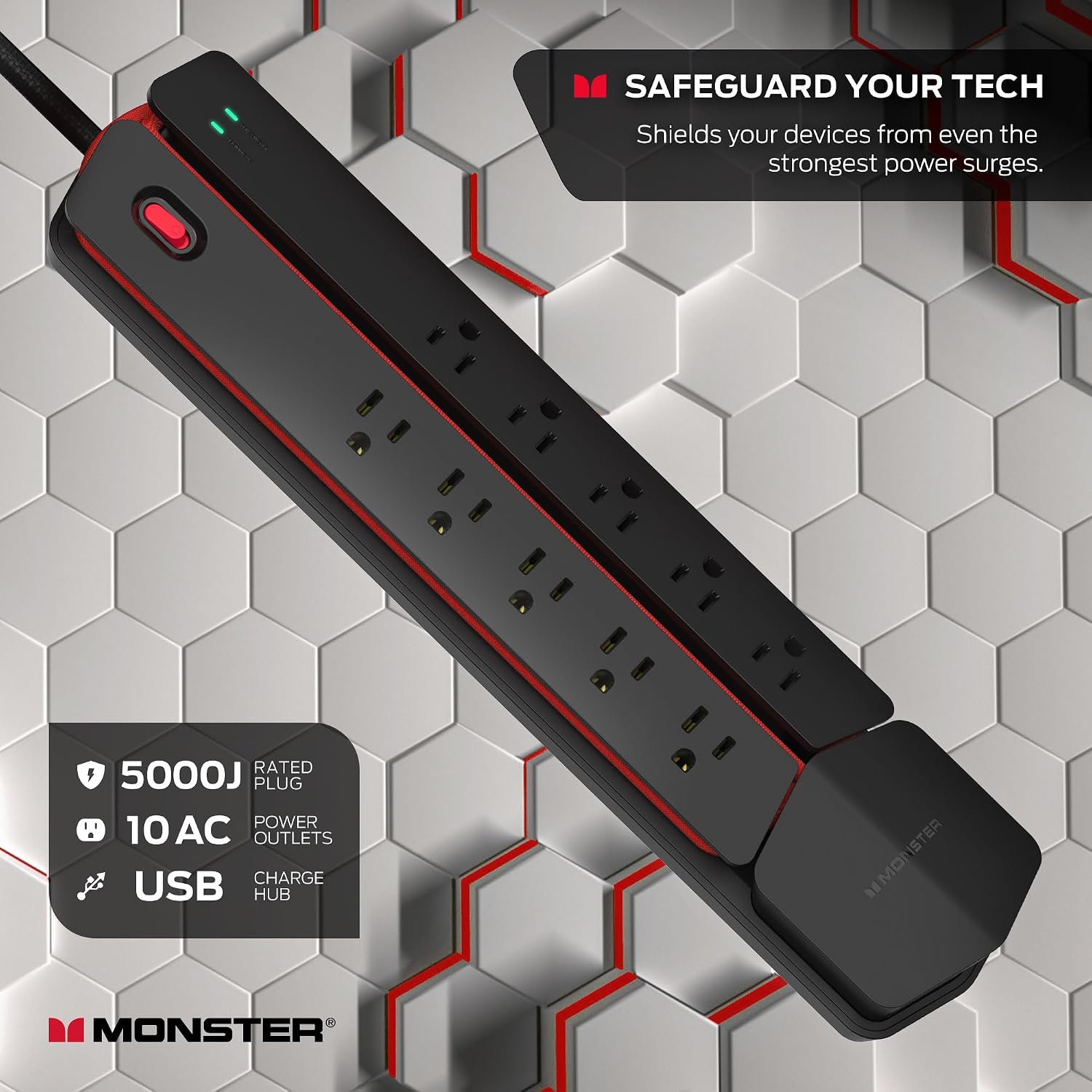 Monster Power Center Vertex XL Surge Protector With Detachable Power Strip, 10 AC Outlets, 2 USB-A Ports & 1 USB-C Port (20W)
