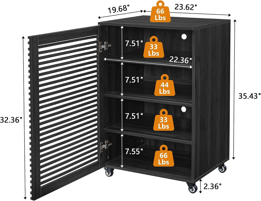 LEVNARY 5-Tier AV Media Cabinet with Grille Door, Modern Wooden Stereo Rack with Adjustable Shelves & Wheels, Audio Video Cabinet for Living Gaming Room Recording Studio (Black)