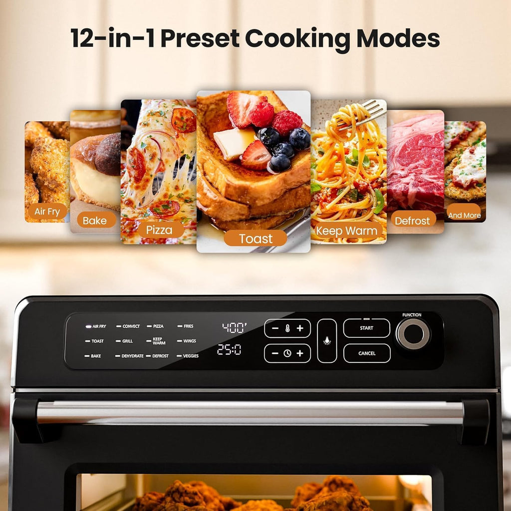 Kismile 25QT Air Fryer Toaster Oven Combo, 12-in-1 Large Countertop Convection Airfryer Oven, 70–450℉, Bake, Roast, Reheat, Broil, Fits 12″ Pizza, Includes Full Accessories, Stainless Steel(Black)