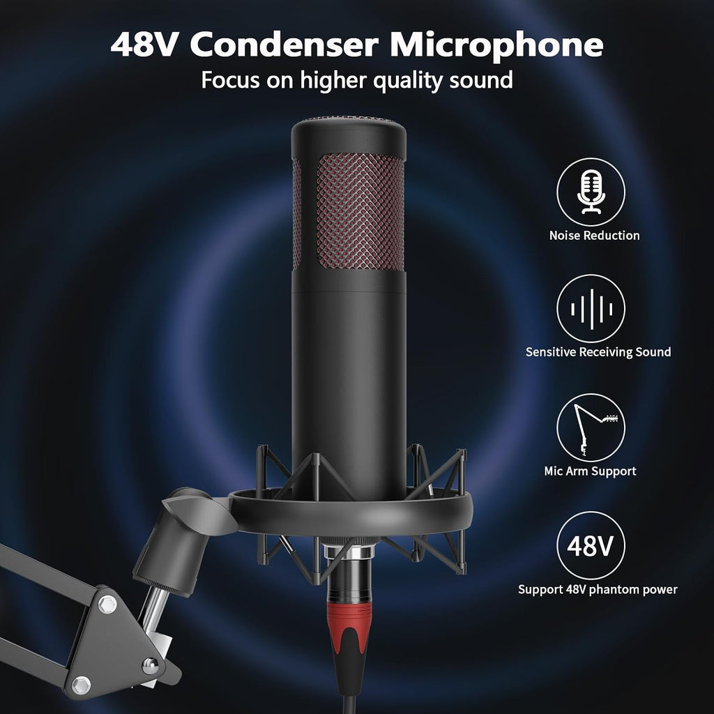 Podcast Equipment Bundle for 2, Audio Interface DJ Mixer with 48V XLR Condenser Microphone, RGB,Voice Change, for Streaming, Podcast Recording,Tiktok,PC, Smartphone COMMANDER M100 3rd