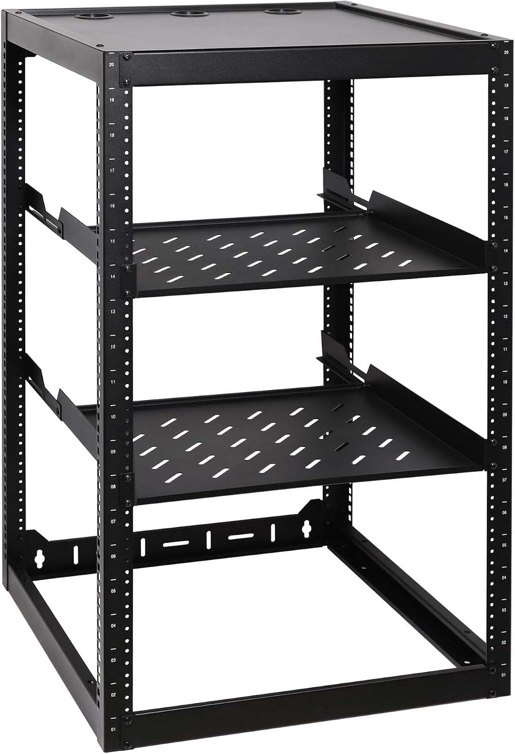 RackPath 20U Open Frame Network Rack with 2X 14in Vented 1U Shelves Rear Support, Wall Mount/Floor Standing Network Cabinet, Heavy Duty 150 lbs Capacity for IT & AV Gear, Audio and Video Device