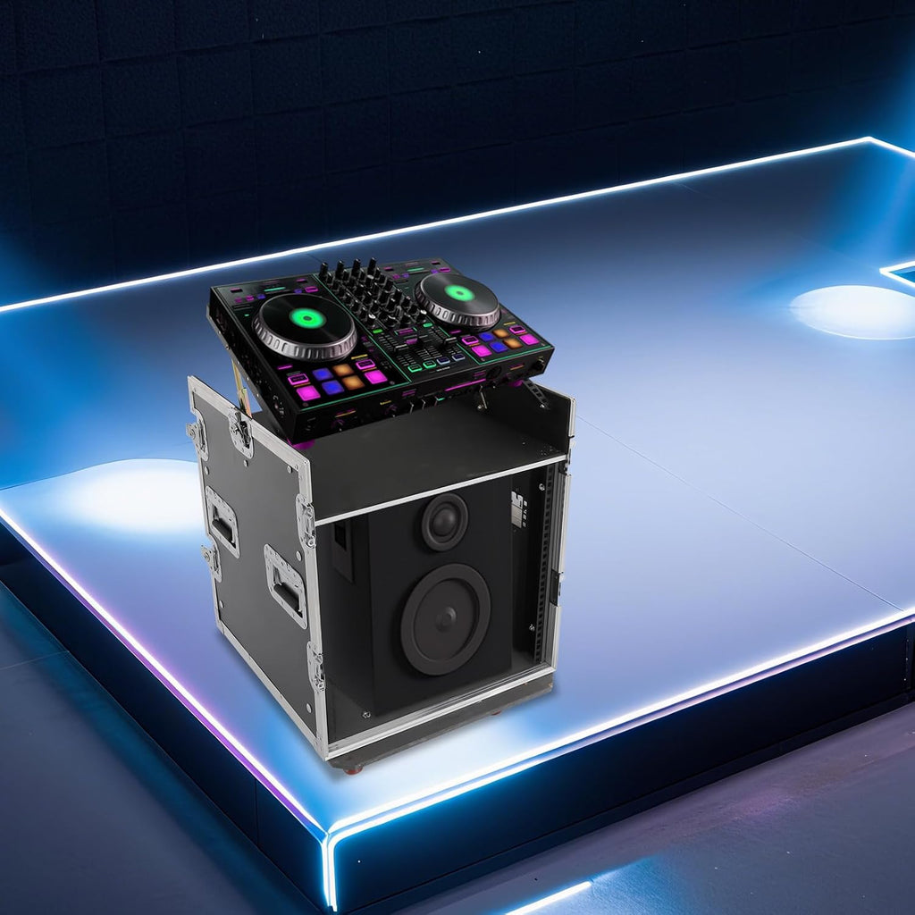 14U PA DJ Rack Case with Wheels, Heavy-Duty Slant Top DJ Mixer Rack, Professional Audio Equipment Rack for Studio, Live Sound (14U)