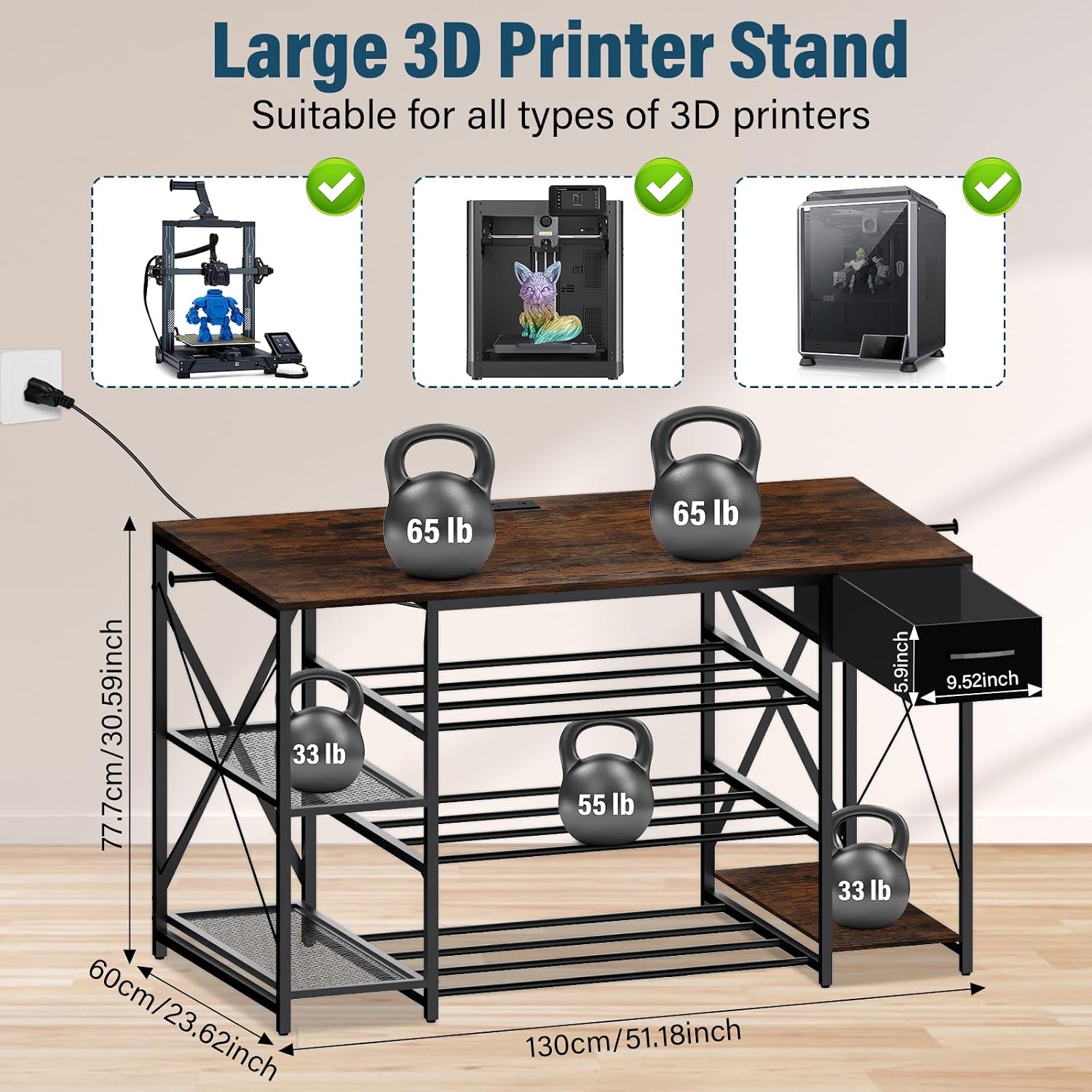 Heavy Duty 3D Printer Table with Storage, Large 4-Tier 3D Printer Stand with Power Outlet & Drawer, Sturdy Wooden Desk & Metal Filament Rack for Workshop, Home Office