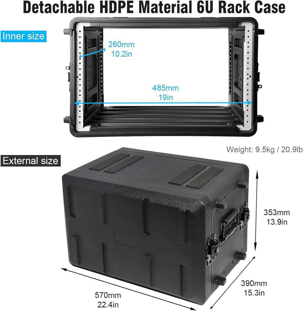 Diandian 6U Rack Case Shallow 11' Depth, 19' Rackmount Flight Case, Watertight Dust-Proof, Shock Mount for Amplifier, Pro Audio, DJ Mixer, Effects with Microphone Compartments