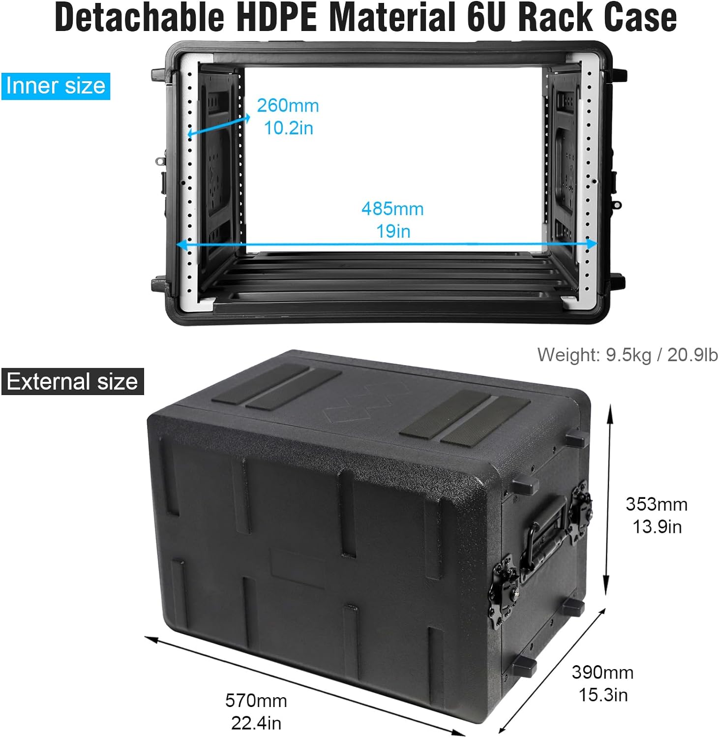 Diandian 6U Rack Case Shallow 11' Depth, 19' Rackmount Flight Case, Watertight Dust-Proof, Shock Mount for Amplifier, Pro Audio, DJ Mixer, Effects with Microphone Compartments