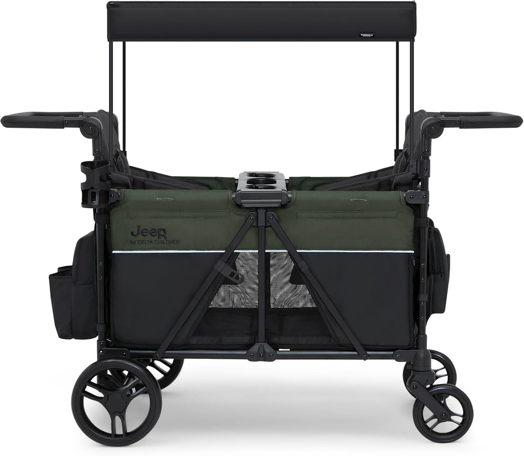 Jeep Aries Stroller Wagon by Delta Children Premium Wagon for 2 Kids with Convertible Seats, Adjustable Push/Pull Handles, Removable Canopy & Flat Fold - Greenguard Gold Certified, Black/Green