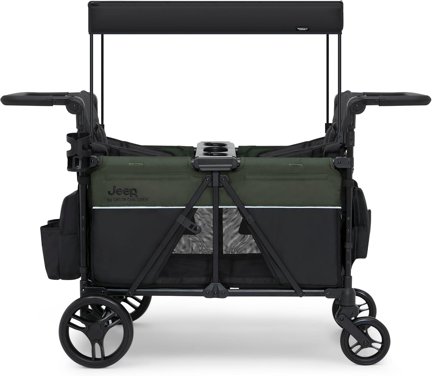 Jeep Aries Stroller Wagon by Delta Children Premium Wagon for 2 Kids with Convertible Seats, Adjustable Push/Pull Handles, Removable Canopy & Flat Fold - Greenguard Gold Certified, Black/Green