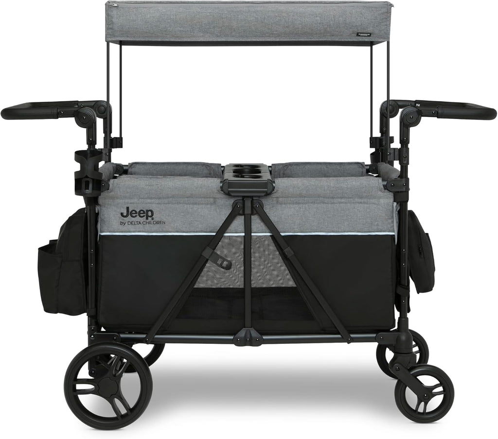 Delta Children - Jeep Aries Stroller Wagon - Premium Wagon for 2 Kids with Convertible Seats, Adjustable Push/Pull Handles, Removable Canopy & Flat Fold - Greenguard Gold Certified, Grey