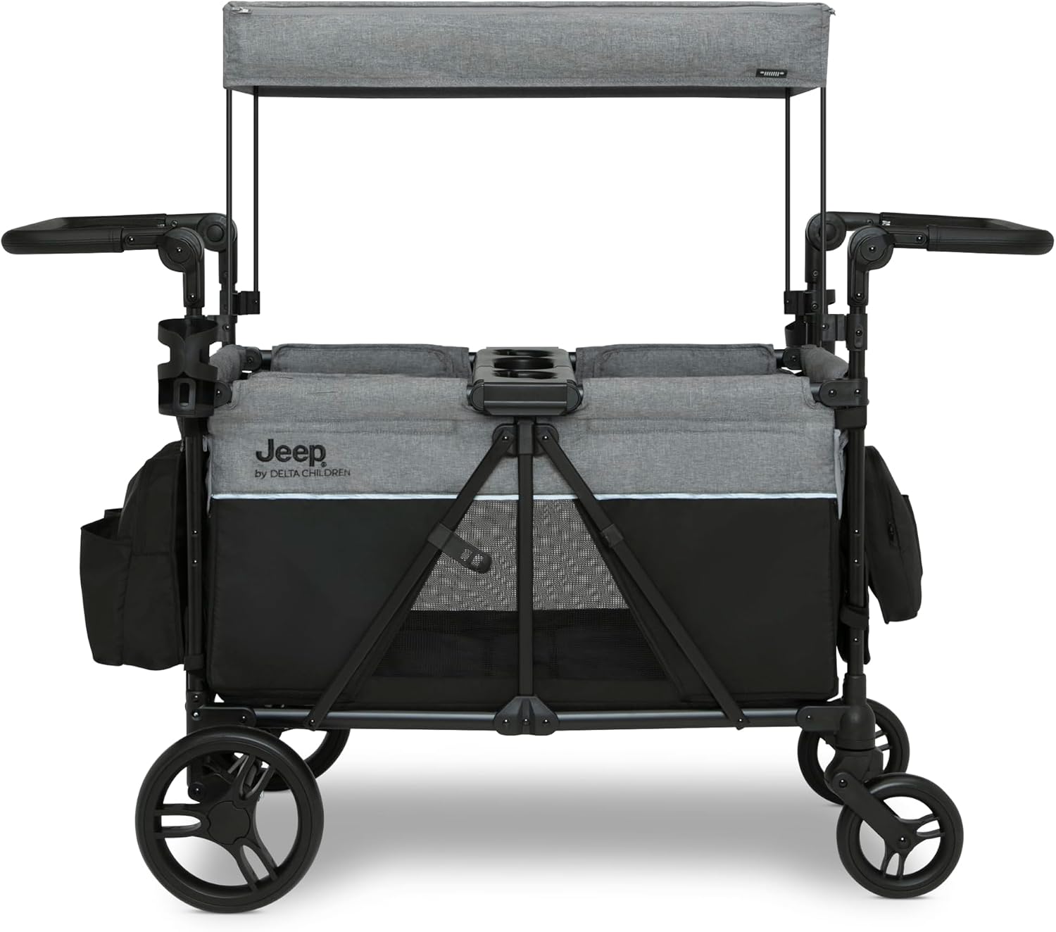 Delta Children - Jeep Aries Stroller Wagon - Premium Wagon for 2 Kids with Convertible Seats, Adjustable Push/Pull Handles, Removable Canopy & Flat Fold - Greenguard Gold Certified, Grey