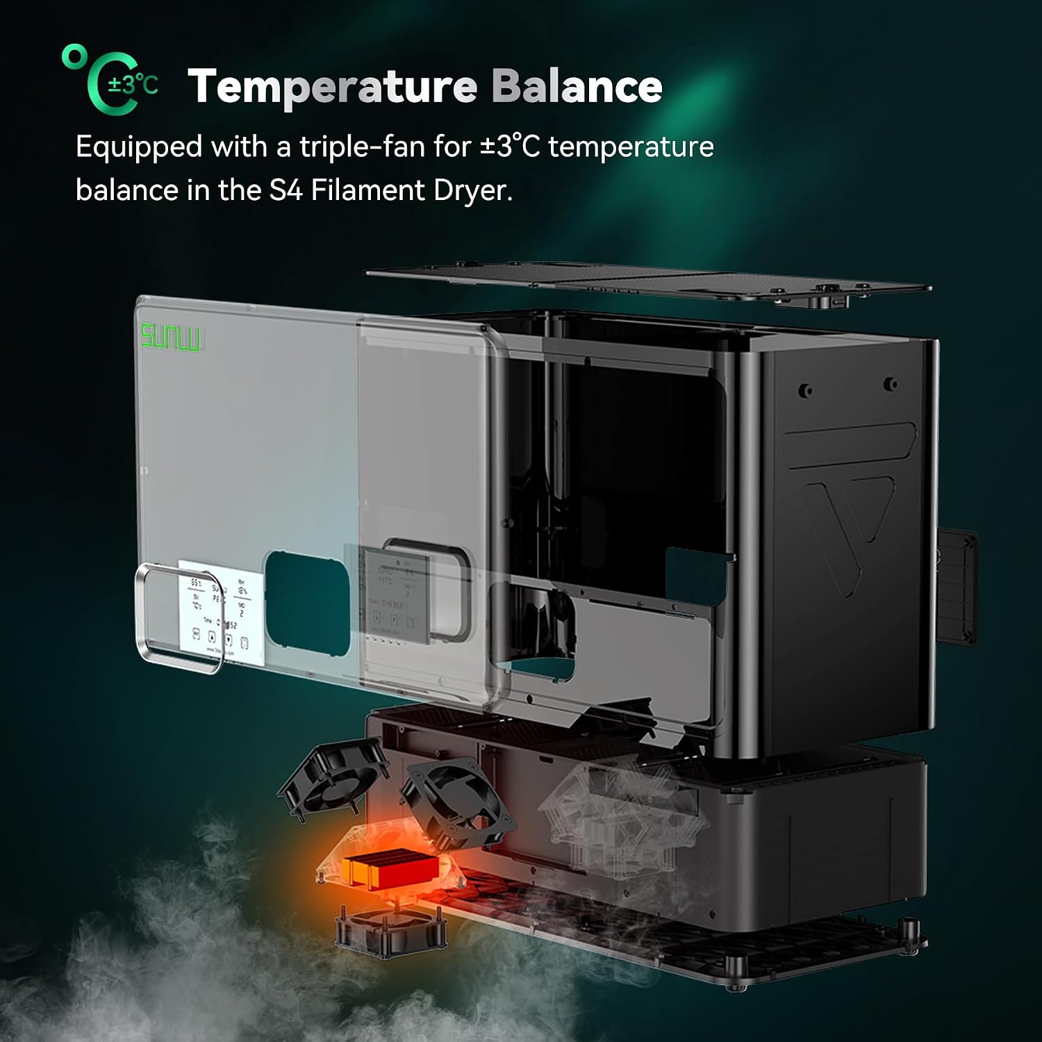 SUNLU Official Filament Dryer S4, 4 Spools Capacity, Efficient Heating to 70℃, 350W PTC Heater 3D Filament Dehydrator, Compatible with Nylon TPU PLA PETG ABS Filament 1.75/2.85/3.0mm, Black