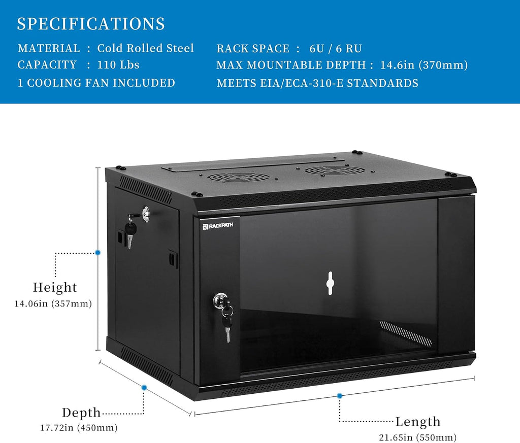 RackPath 6U Wall Mount Network Rack Cabinet – Quiet Cooling Fan, Locking Glass Door, 17.7' Deep (450mm), Removable Locking Side Panels, Fits 19' IT & A/V Equipment
